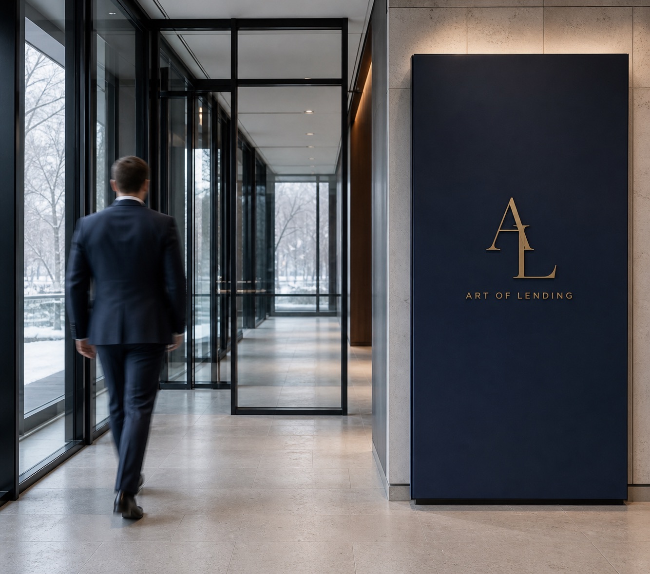 A professional entering Art of Lending's operating office