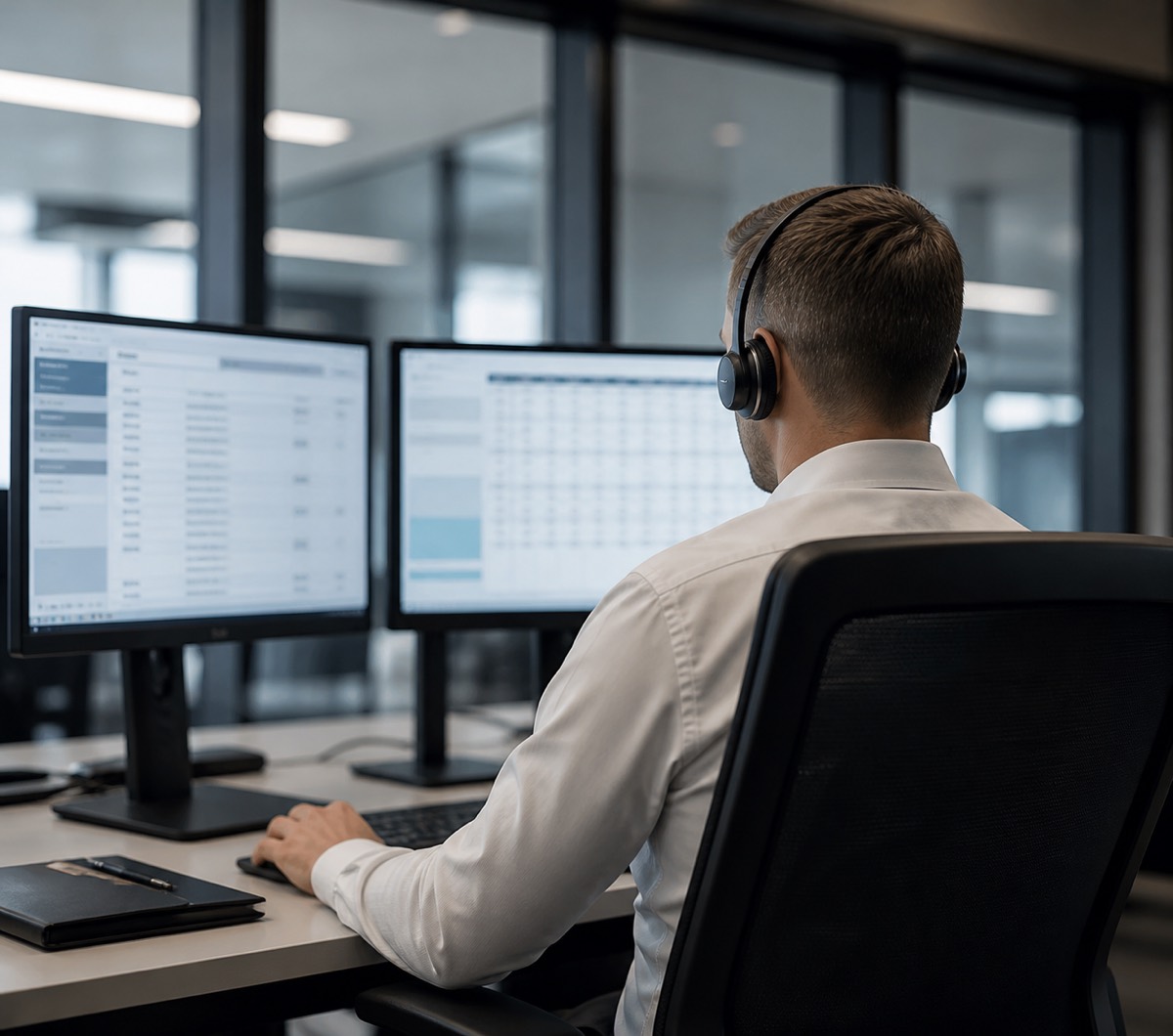 A lending operations analyst working at a dual-monitor station